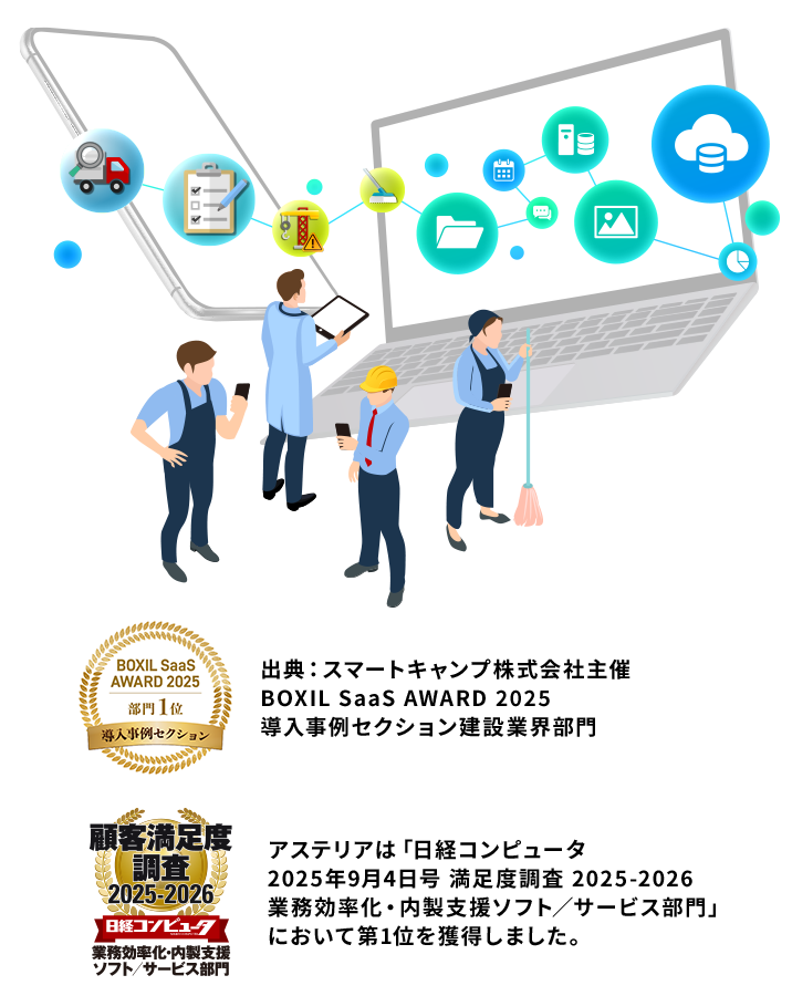 出典：スマートキャンプ株式会社主催 BOXIL SaaS AWARD 2025導入事例セクション建設業界部門 アステリアは「日経コンピュータ 2025年9月4日号 満足度調査 2025-2026 業務効率化・内製支援ソフト／サービス部門」において第1位を獲得しました。