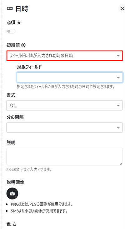 フィールドに値が入力された時の日時